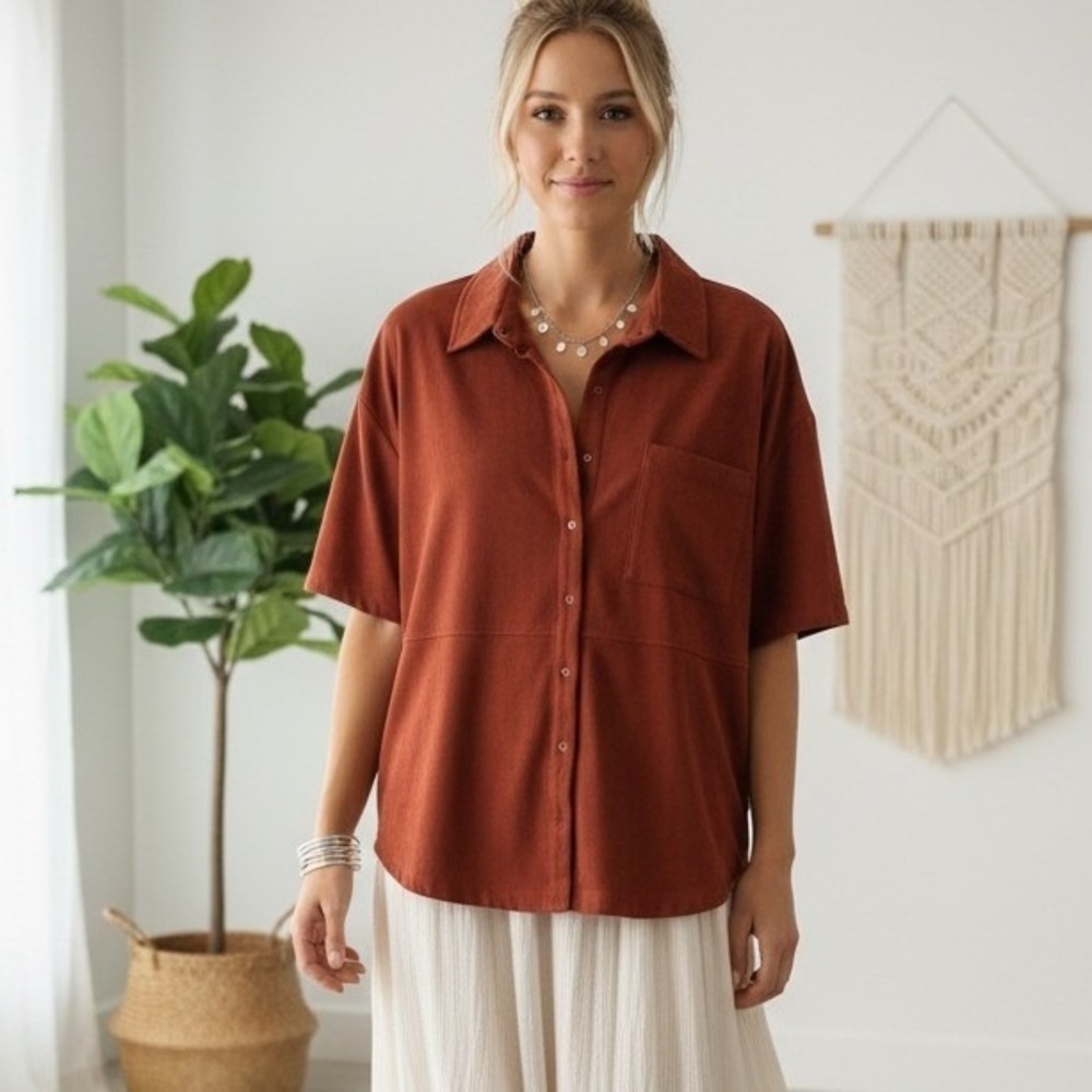 Sunday in Brooklyn Rust Red Faux‎ Suede Snap Button Shirt Boho Earthy Western M